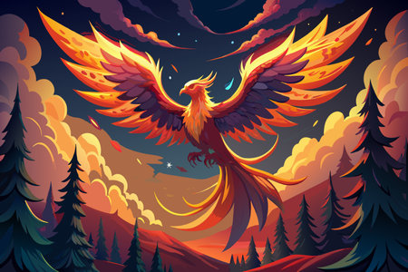 A colorful bird with a fiery tail flies over a forest. The sky is filled with clouds, and the sun is setting, creating a warm and peaceful atmosphereのイラスト素材