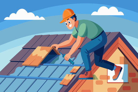 A man is working on a roof, fixing a leak. He is wearing a hard hat and blue jeansのイラスト素材