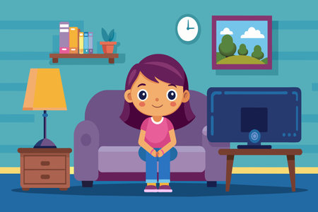 A girl is sitting on a couch in front of a television. The room is decorated with a clock on the wall and a potted plant. The girl is smiling and she is enjoying every time watching TVのイラスト素材