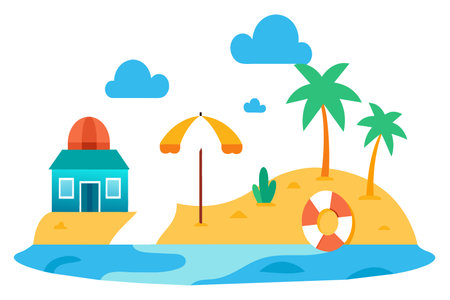 A beach scene featuring a life preserver by the shore and palm trees in the background.のイラスト素材