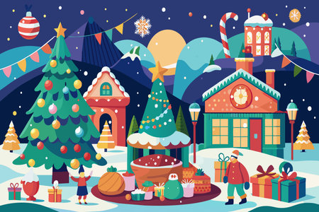 A festive Christmas scene featuring a decorated tree surrounded by colorful presents.のイラスト素材