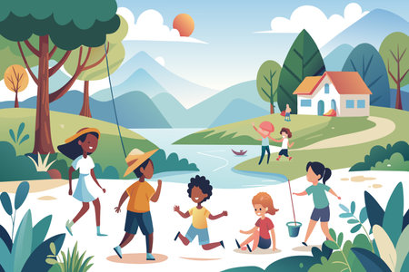Several individuals walking in a group through a park, surrounded by trees and greenery on a sunny day.のイラスト素材