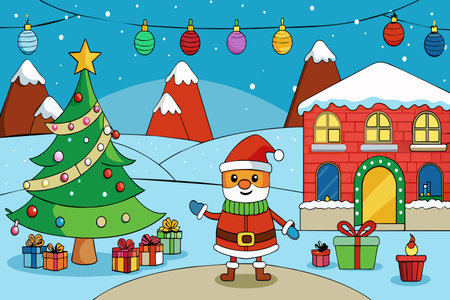 A cartoon version of Santa Claus standing in front of a festive Christmas tree.のイラスト素材