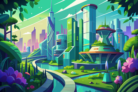 A cityscape with a river running through it and a green park. The city is futuristic and has a lot of tall buildings. The sky is blue and there are some cloudsのイラスト素材