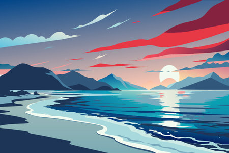 A beautiful beach scene with mountains in the background and a large sun in the sky. The sky is filled with clouds and the sun is setting, creating a serene and peaceful atmosphereのイラスト素材