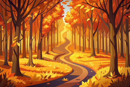 A computer generated image of a forest with a winding road through it. The trees are full of bright orange leaves, creating a warm and inviting atmosphere. The road is narrow and windingのイラスト素材