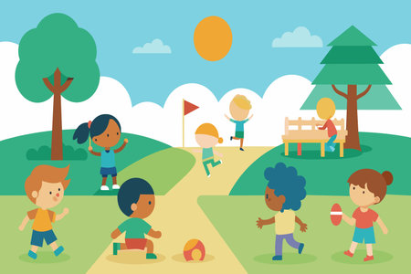 A group of children playing in a park. The children are running and playing with a soccer ballのイラスト素材