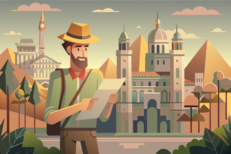 A man wearing a hat and a green shirt is looking at a map. He is standing in front of a large buildingのイラスト素材