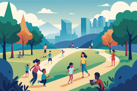 A group of people are playing in a park. The park is filled with trees and a path. The people are spread out across the park, some are walking, some are running, and some are playingのイラスト素材