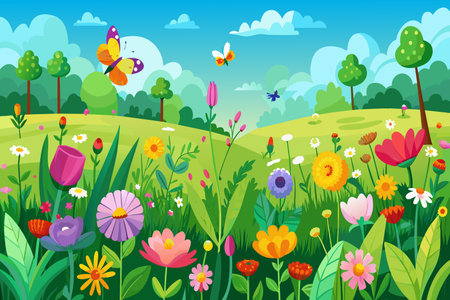 A colorful field of flowers with a butterfly flying above it. The scene is peaceful and serene, with the bright colors of the flowers and the butterfly creating a sense of joy and happinessのイラスト素材