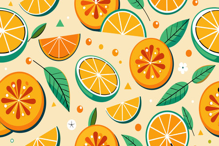 A colorful pattern of oranges and green leaves. The oranges are sliced and arranged in a way that creates a sense of movement and energy. The green leaves add a touch of freshness. Overallのイラスト素材