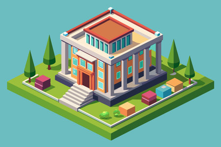 A building with a large front entrance and a large window. The building is surrounded by trees and has a green lawnのイラスト素材