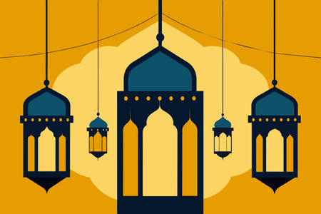 A series of blue and yellow lanterns hanging from the ceiling. The lanterns are suspended from the ceiling and are of different sizes. Scene is festive and celebratoryのイラスト素材