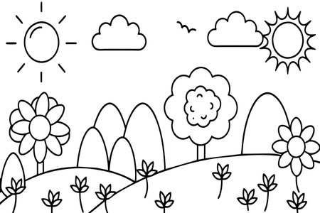 A drawing of a sunny day with a field of flowers and trees. The sky is filled with clouds and the sun is shining brightly. Scene is cheerful and peacefulのイラスト素材