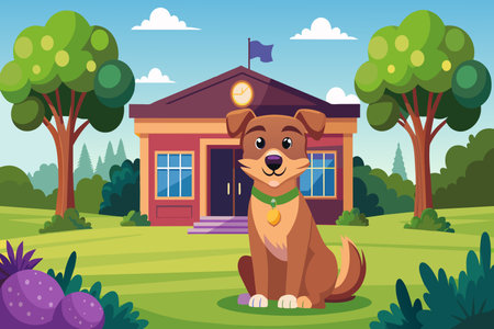 A dog is sitting in front of a school building. The dog is wearing a collar and he is happyのイラスト素材