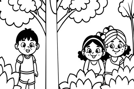 A boy and two girls are playing in a forest. The boy is hiding behind a tree, and the girls are looking for him. Scene is playful and lightheartedのイラスト素材