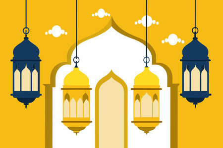 A beautiful archway with four hanging lanterns, each with a different color. The archway is surrounded by a yellow background, creating a warm and inviting atmosphereのイラスト素材