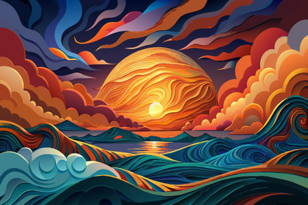 A colorful painting of a sunset with a large orange sun in the center. The sky is filled with clouds and the water is calm. The mood of the painting is serene and peacefulのイラスト素材