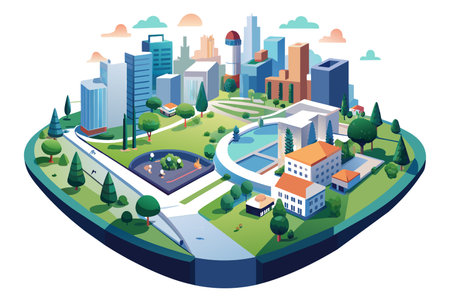 An illustration showcasing a city landscape with skyscrapers, residential buildings, and lush green trees.のイラスト素材