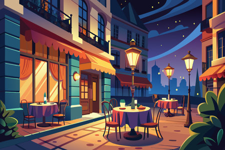 A cartoonish drawing of a city street with a restaurant on the corner. The restaurant has a red awning and awning over the tables. There are several chairs and tables outside the restaurantのイラスト素材