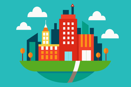 Illustration of a cityscape with various buildings in a flat design style.のイラスト素材