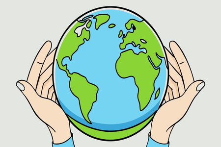 A cartoon drawing of two hands holding a globe. The globe is green and blue. Concept of the importance of taking care of the planet and the need for global cooperationのイラスト素材