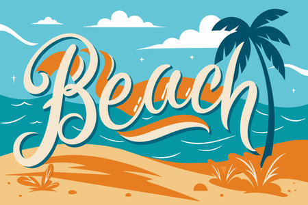A beach scene with a palm tree and ocean. The word "beach" is written in cursive styleのイラスト素材