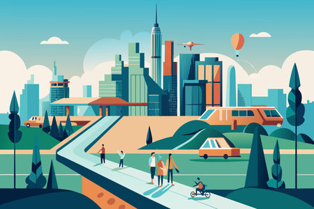 Urban setting with crowds of individuals walking and cycling through the city streets.のイラスト素材