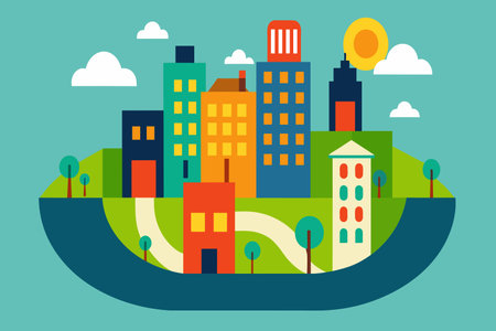 A cityscape showcasing tall buildings with trees interspersed among them.のイラスト素材