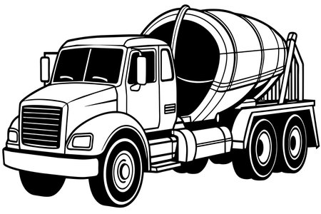 A black and white drawing of a cement truck. The truck is parked and has a large bucket on the back. The truck is large and powerful, and it is likely used for construction or other heavy-duty tasksのイラスト素材