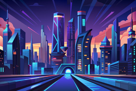 A cityscape with a tunnel in the middle. The sky is purple and the buildings are tallのイラスト素材