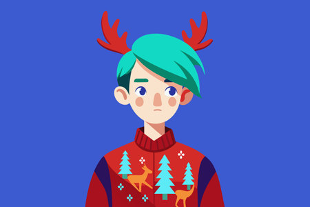 A young man wearing a red sweater with a Christmas tree and deer on it. He has a serious expression on his faceのイラスト素材