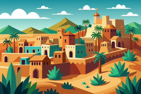 A desert scene with a wall and a building in the background. The scene is full of life and color, with palm trees and bushes in the foregroundのイラスト素材