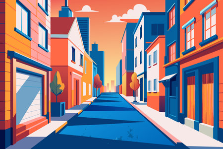 A city street with a blue sky and a few trees. The street is empty and the buildings are colorfulのイラスト素材