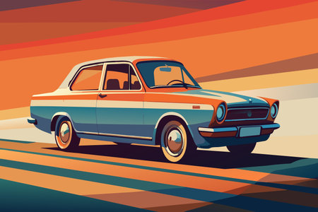 A blue and orange car is driving down a road. The car is a vintage model and is the main focus of the image. The colors of the car and the road create a warm and nostalgic moodのイラスト素材