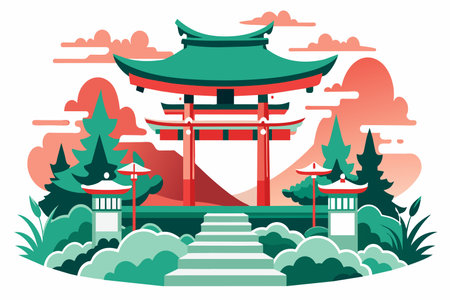 A green and red building with a red roof and a red gate. The gate is open and there are several umbrellas in front of it. The scene is set in a park with trees and bushesのイラスト素材