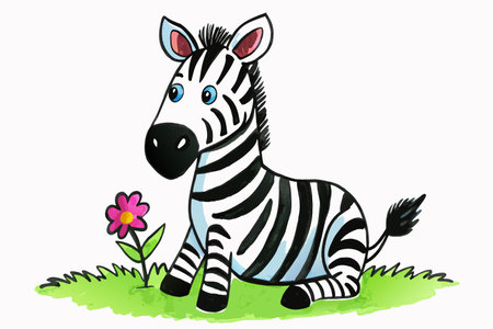 A cartoon zebra is sitting on the grass next to a pink flower. The zebra has a big smile on its face, and the flower is in the foreground. Concept of happiness and playfulnessのイラスト素材