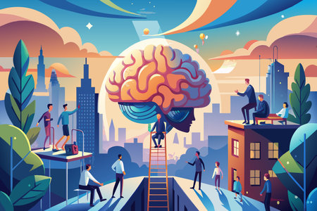 A group of people are working on a project, with a large brain in the center of the image. The brain is surrounded by a cityscape, with buildings and people in the backgroundのイラスト素材