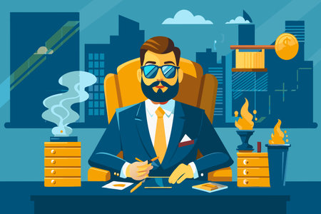 A man in a suit is sitting at a desk with a pen and a stack of papers. He is wearing sunglasses and he is in a relaxed, casual moodのイラスト素材