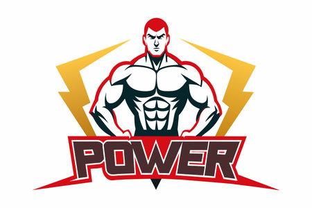 A muscular man is standing with his arms crossed and a red and yellow lightning bolt in the background. The word "power" is written below himのイラスト素材