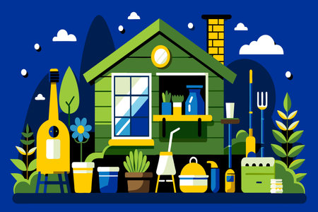 A house with a green roof and a garden with various plants and tools. The house has a clock on the wall and a guitar in the foregroundのイラスト素材