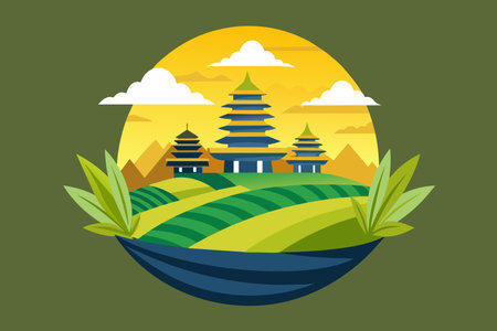 A green and yellow landscape with a large bowl in the center. The bowl is surrounded by mountains and buildingsのイラスト素材