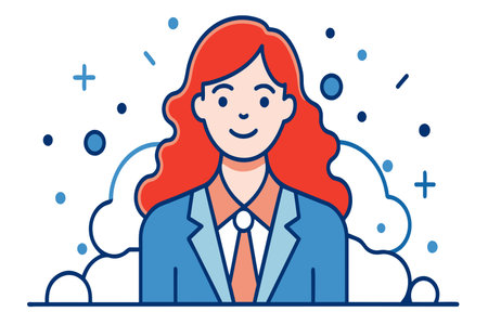 A woman with a red head of hair is smiling and wearing a suit and tie. Concept of professionalism and confidenceのイラスト素材
