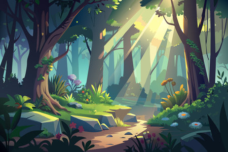 A forest scene with a path leading through it. The sun is shining through the trees, casting a warm glow on the ground. The path is lined with wildflowers, adding a touch of color to the sceneのイラスト素材