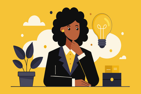 A woman in a suit is sitting at a desk with a plant in front of her. She is thinking about something, possibly a work-related problemのイラスト素材