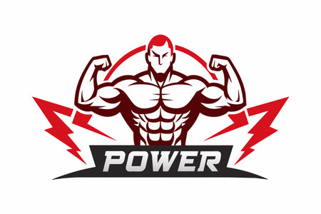A muscular man with his arms raised in the air. The word "power" is written below himのイラスト素材