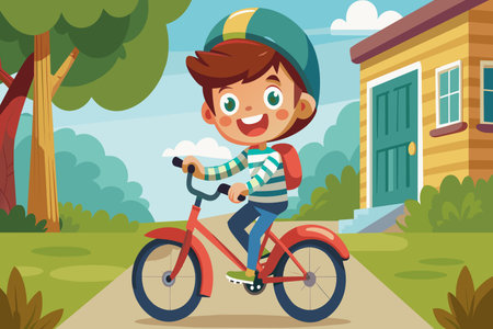 A cartoon boy is riding a red bicycle down a street. He is wearing a helmet and a backpackのイラスト素材