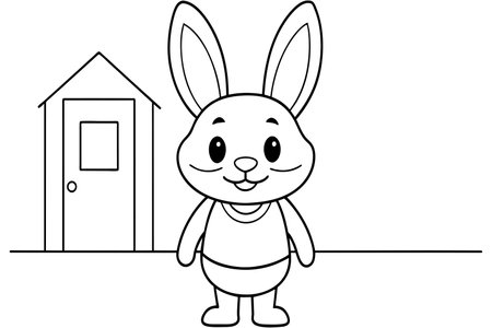 A rabbit is standing in front of a house. The rabbit is smiling and he is happyのイラスト素材