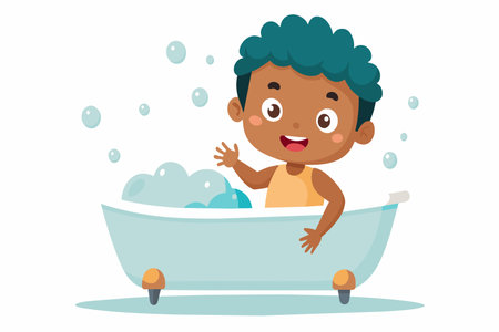 A cartoon boy is in a bathtub with bubbles. He is smiling and waving at the cameraのイラスト素材