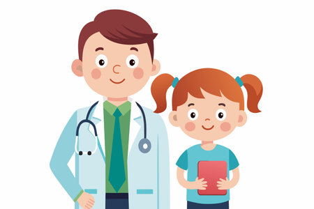 A man and a girl are standing next to each other. The man is a doctor and the girl is holding a tabletのイラスト素材